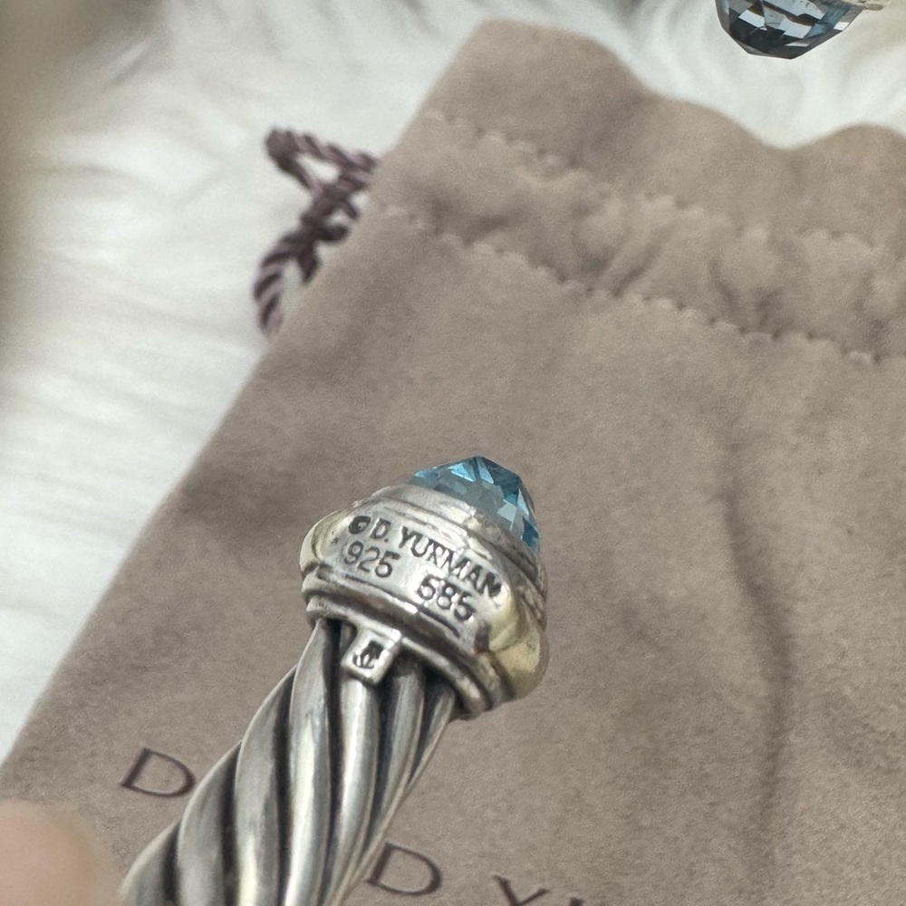 David Yurman 7mm Blue Topaz Cable Classic Cuff Bracelet .925/14K Gold - Picture 9 of 10